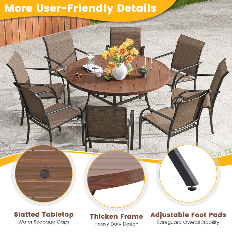 Devalious 6 - Person Patio Dining Set with Round Table, Brush Wood Brown/Black/Brown/Black