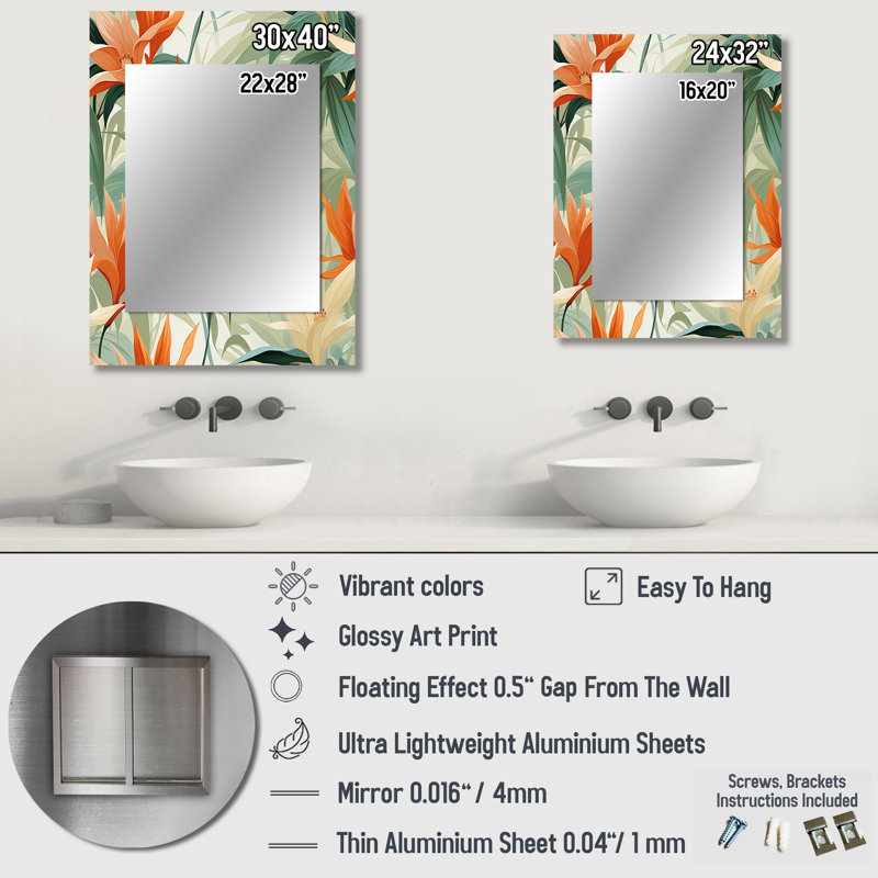 Motif tropical vert et orange de mirage de bambou - miroir tropical, miroir mural décoratif tropical, impression d'art en métal