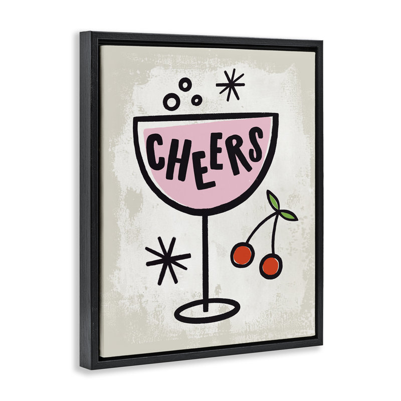 «Cheers Drink & Cherries», art mural encadré sur toile flottante, design par Nina Seven, Cadre flottant noir de jais
