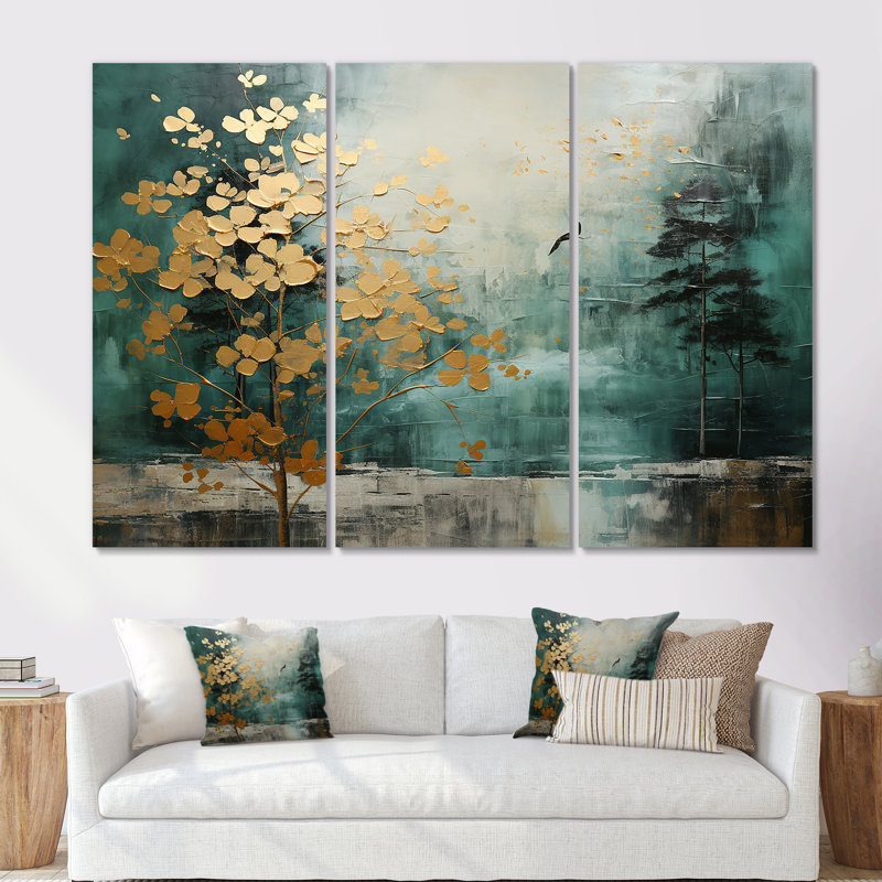 Ensemble de salon Golden Emerald Forest - Abstract Spirals, H 40 po x l 60 po x P 1 po, Toile tendue