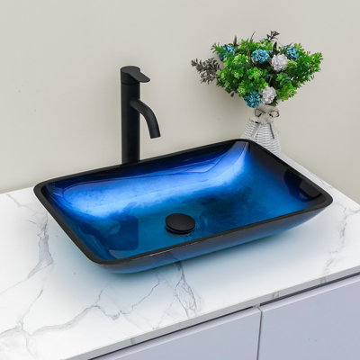 22" L x 14.2" W Rectangular Glass Bathroom Sink Vessel Sink with Pop-Up Drain