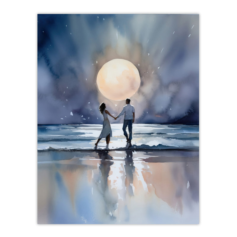 Wall Art Print You Me And The Full Moon Watercolour Painting Blue Couple Dancing Under A Full Moon In A Serene Coastal Landscape Romantic Bedroom Art Poster