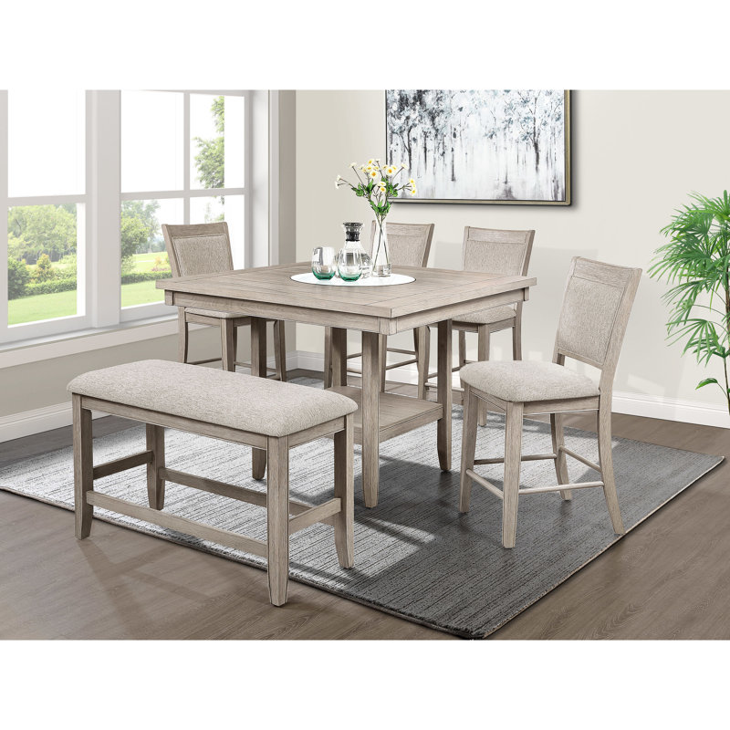 Banc de style avec assise et repose-pieds rembourrés gris, structure en bois robuste pour salle à manger brun / beige gris