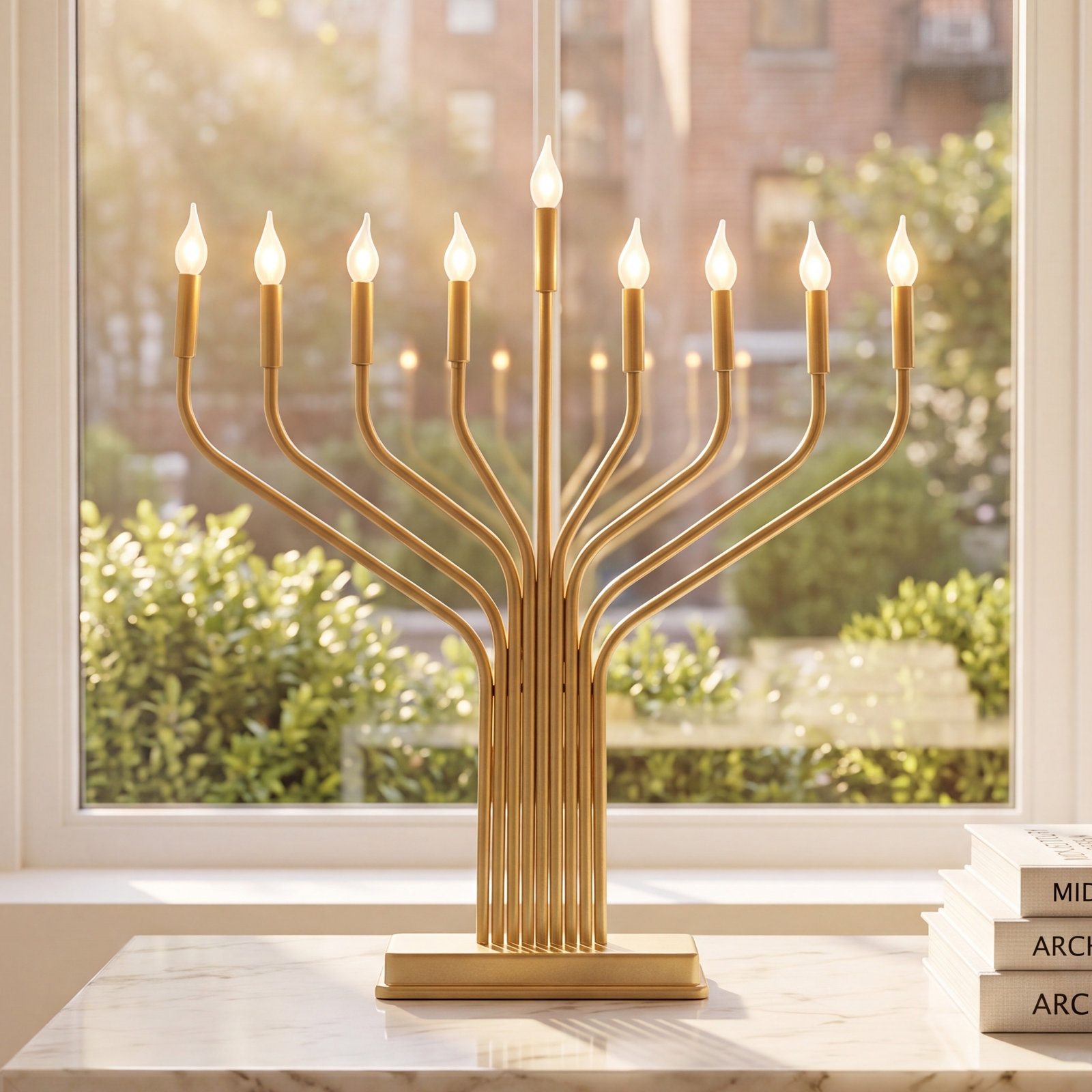 Metal Menorah, Gold, 17.75" H x 16" W x 2.5" D