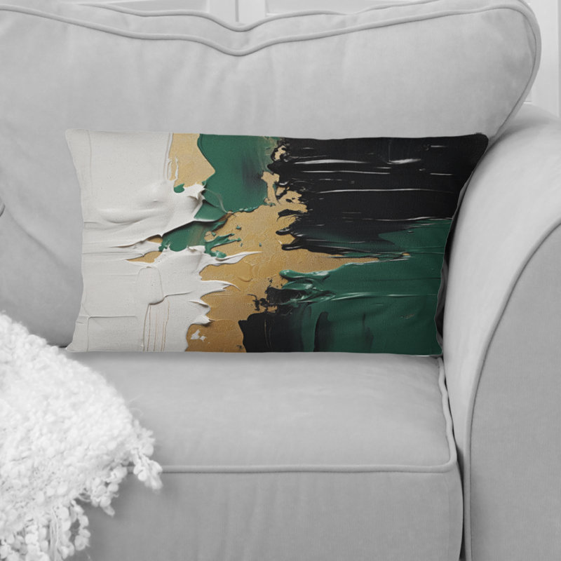Coussin décoratif imprimé de peinture abstraite Golden Green and Black Ink Merge III