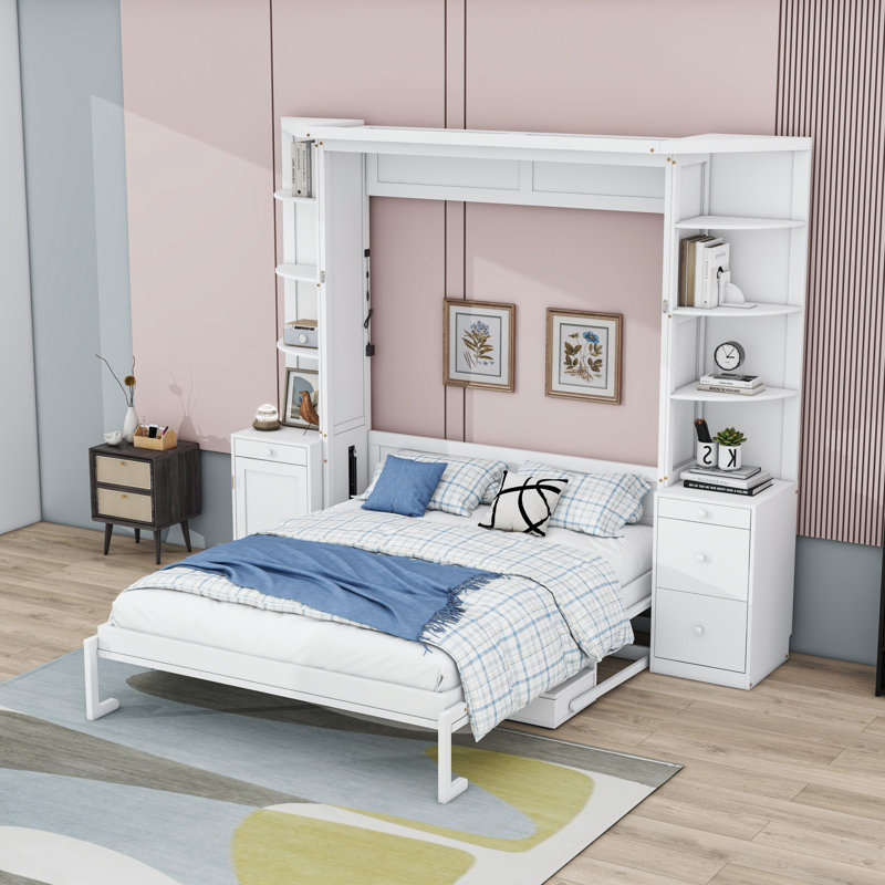 Lit escamotable avec bureau, tablettes et armoires Murphy, White