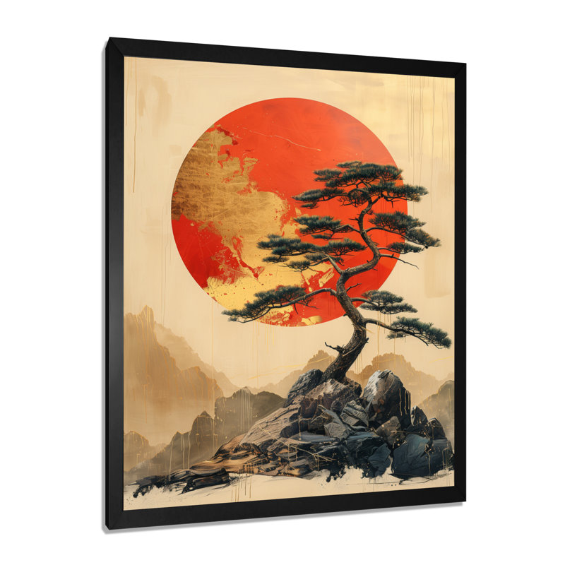 Décoration de coucher de soleil Bonsai doré orange - Japon I, Cadre flottant noir, H 16 po x l 32 po