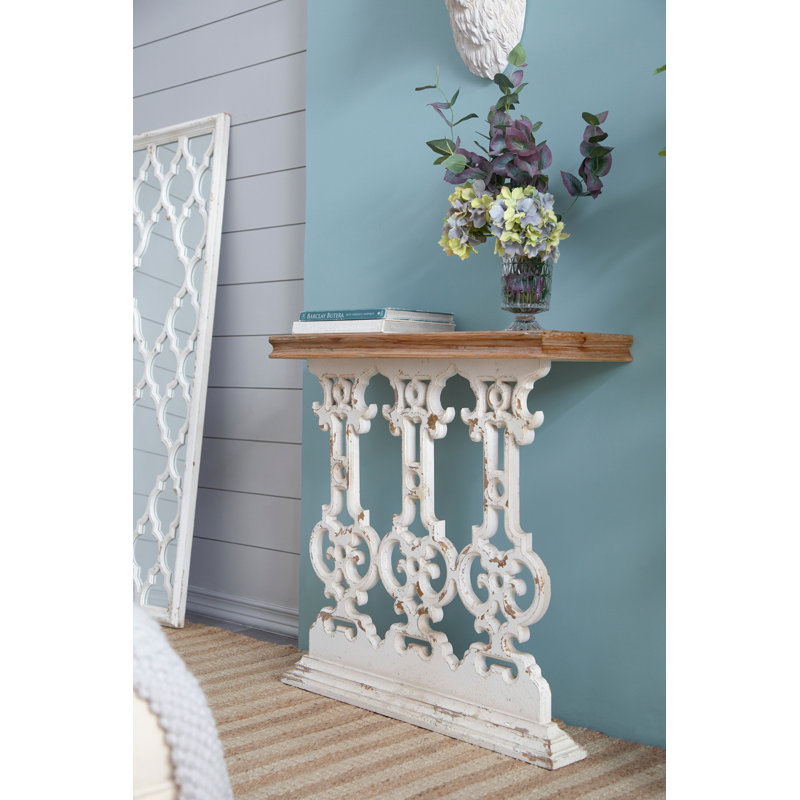 Console 32 po x 12 po x 32 po classique blanc délavé avec plateau en bois brun
