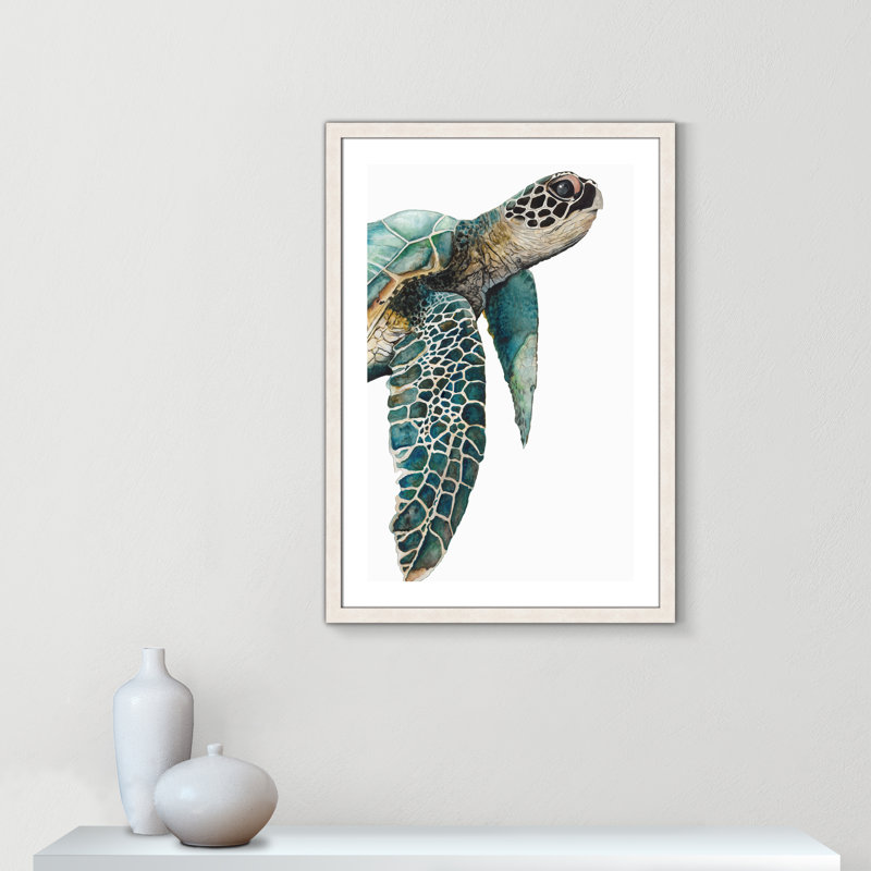 Grande tortue de mer - reproduction de cadre photo, H 36 po x l 26 po x P 1,125 po, Cadre à grain de bois blanc