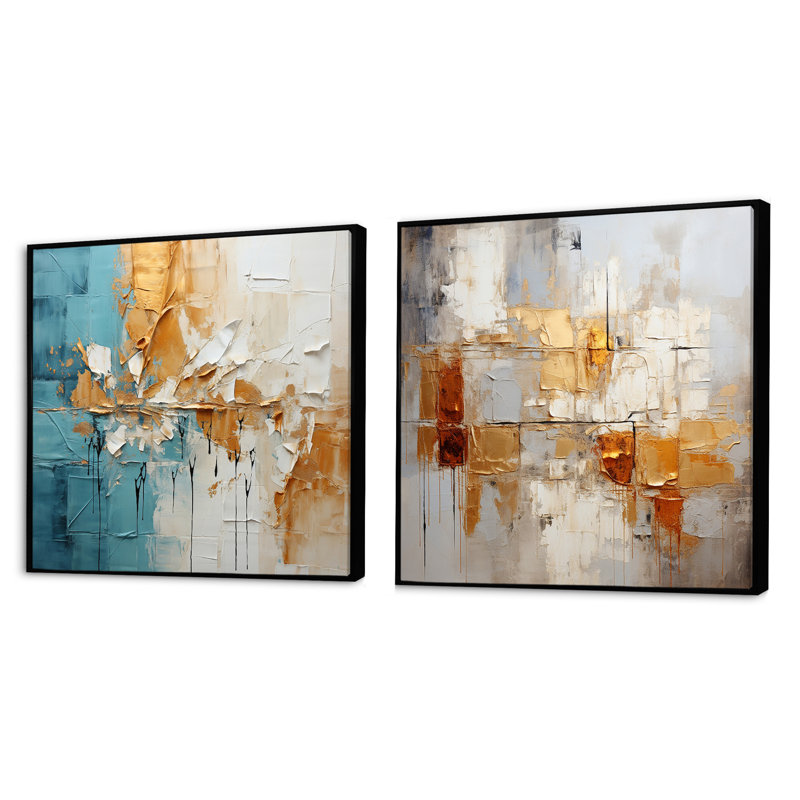 Collage Fusion - Ensemble de 2 collages abstraits carrés, Cadre flottant noir, H 16 po x l 33 po