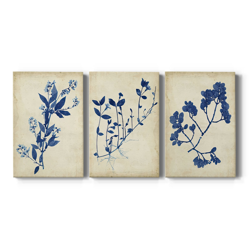 Indigo Leaf Study I - Toile tendue avec châssis sur mesure - 3 pièces, H 27 po x l 54 po