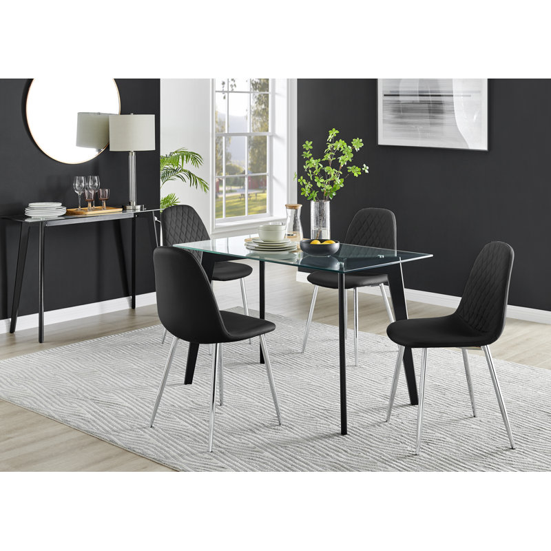 Scandinavian Dining Table Set - Minimalist Style Glass and Metal Leg with 4 Luxury Dining Chairs, Black, Black/Silver