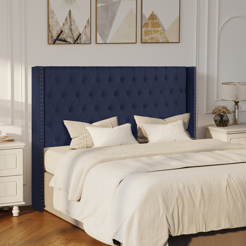 Tufted Wingback Upholstered Headboard with Nailhead Trim, Navy Blue-Linen, Queen