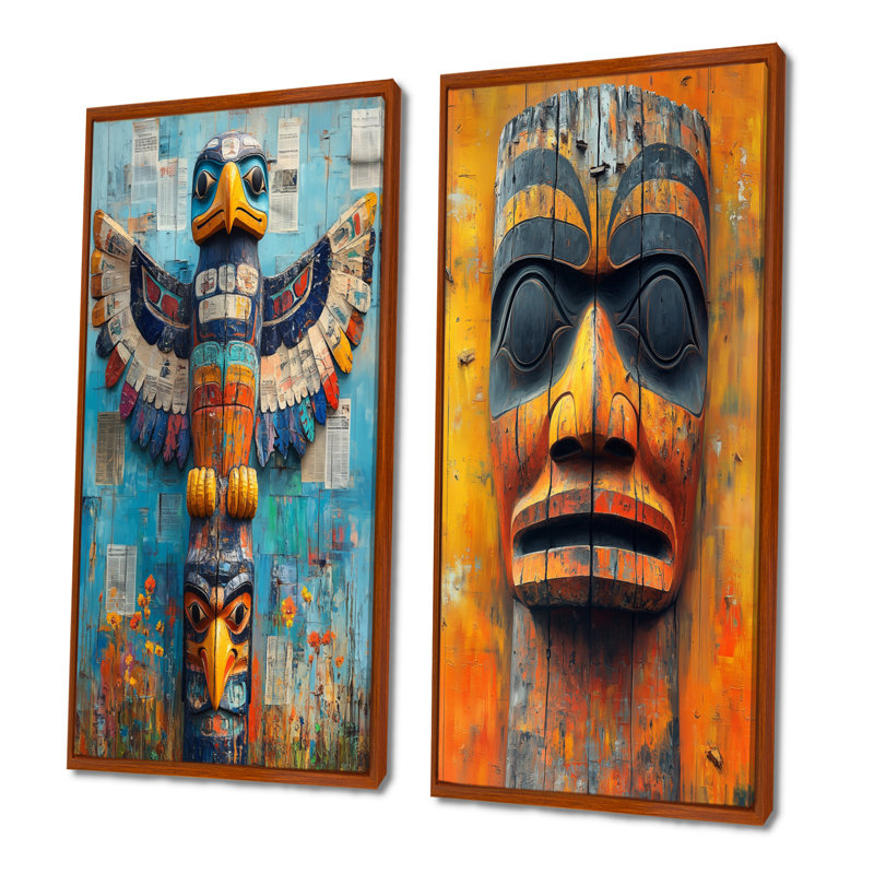 Ensemble de 2 pièces d'art amérindien totem jaune - Art amérindien totem, H 40 po x l 40 po, Cadre flottant brun