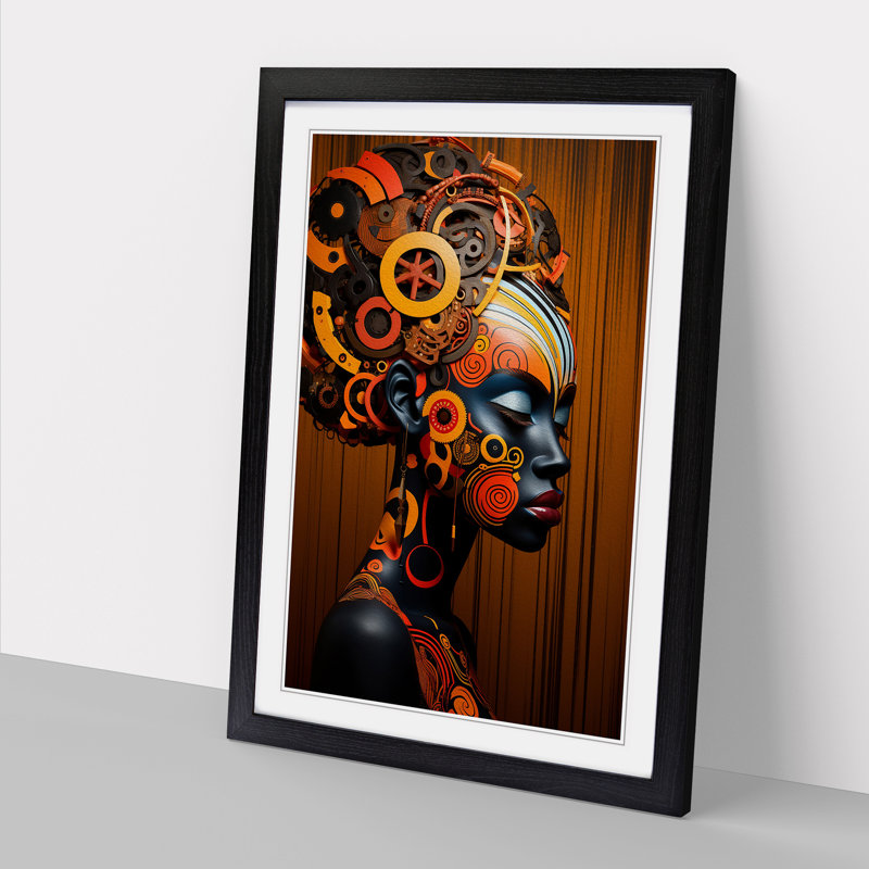 African Woman Neo-Plasticism No.2 - Single Picture Frame Print on Wood, 46cm H x 34cm W x 2cm D, Black
