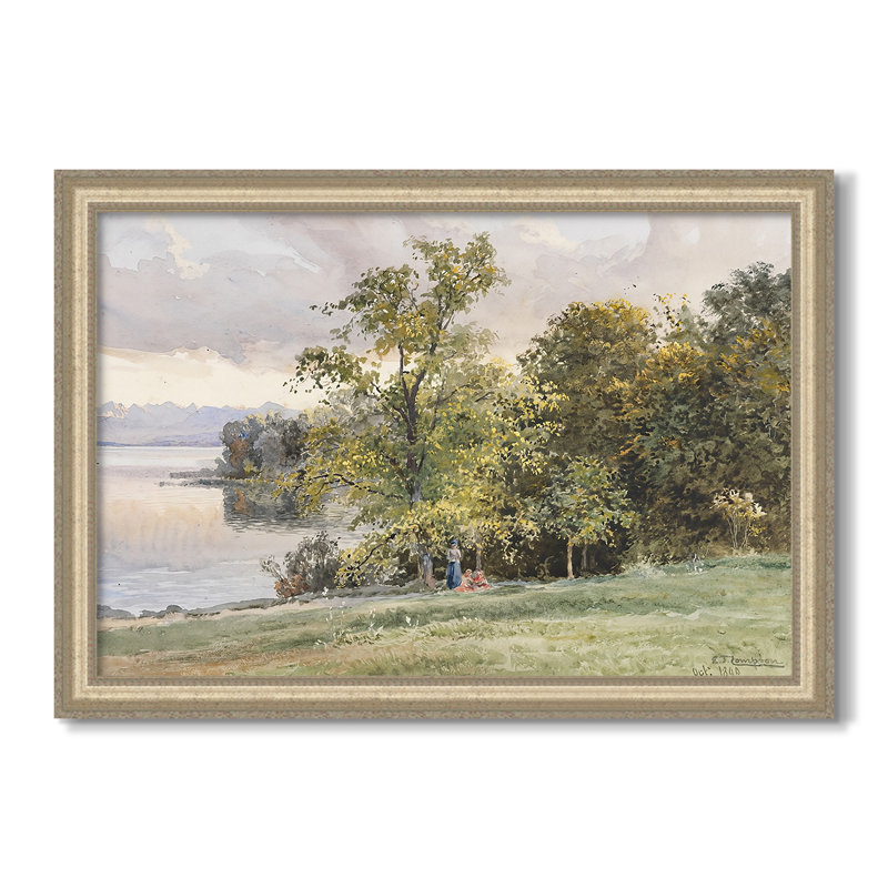 Landscape at Lake Starnberg, 1890-Edward Theodore Compton-Custom Framed Canvas, Feuille de champagne en relief, No, 30 x 44