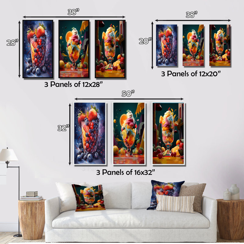 «Artistic Blends Of Fresh Fruit», 3 pièces sur toile, Cadre naturel flottant, H 32 po x l 48 po
