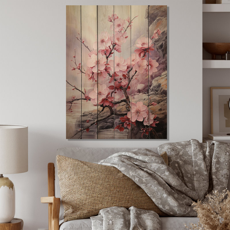 Art asiatique, fleur de cerisier III - impression asiatique sur bois de pin naturel, H 40 po x l 30 po x P 0,78 po
