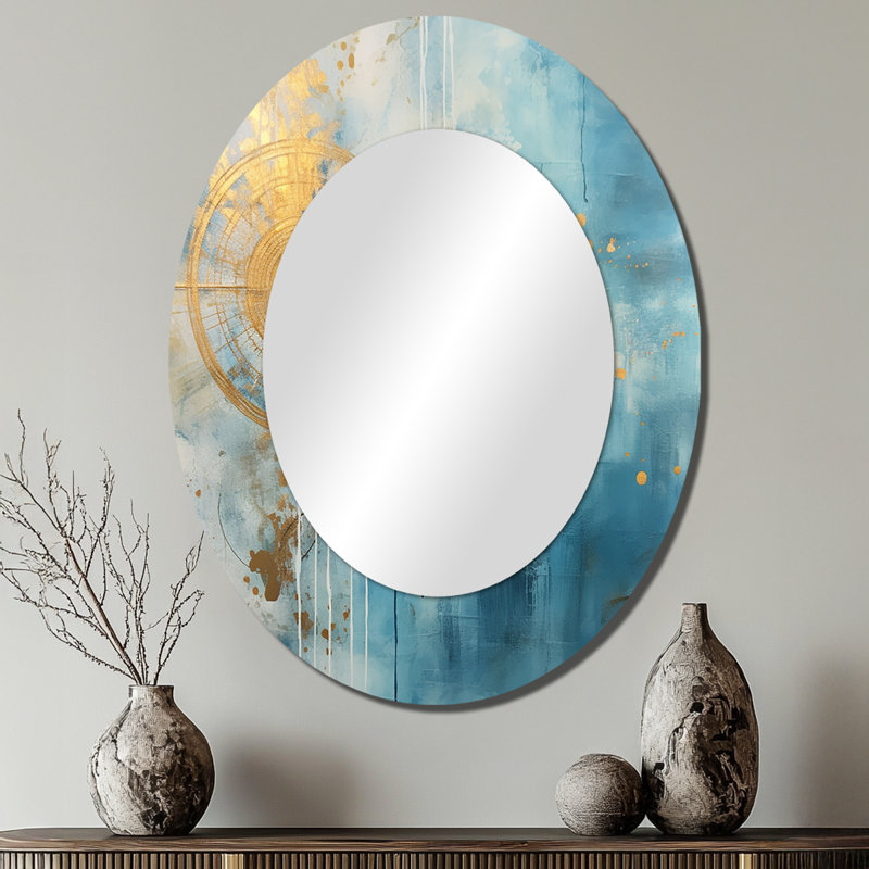 Teal Circular Sensitivity Gold Watercolor I - Modern Oval Wall Mirror, 40" x 30"