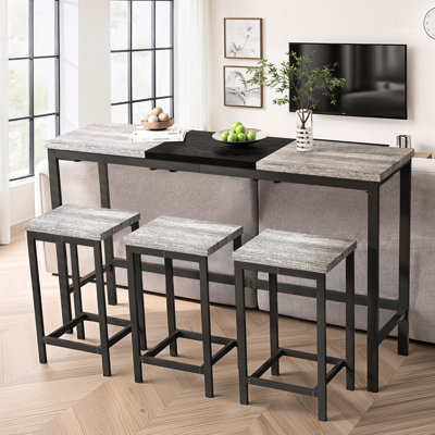 Grey + Black Dining Table With 3 Stools, Structure, Space - Saving Hanging Stool, Ideal For Dinner Parties Modern Design Long Storage, Metal Frame And