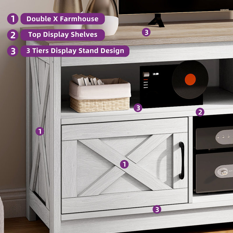 Modern Mid-Century Entertainment Centre Media Console Table TV Stand With Power Outlet Storage Cabinets And Open Shelf