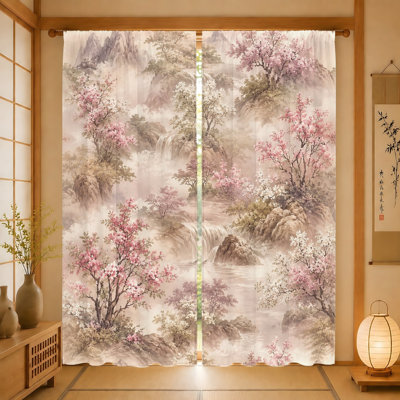 2 rideaux de paysage artistique, tissu filtrant la lumière, imprimé cerisier serein et cascade, protection contre la vie privée pare-soleil, conception à passe-tringle, convient au salon, à la chambre à coucher, au balcon et à la cuisine