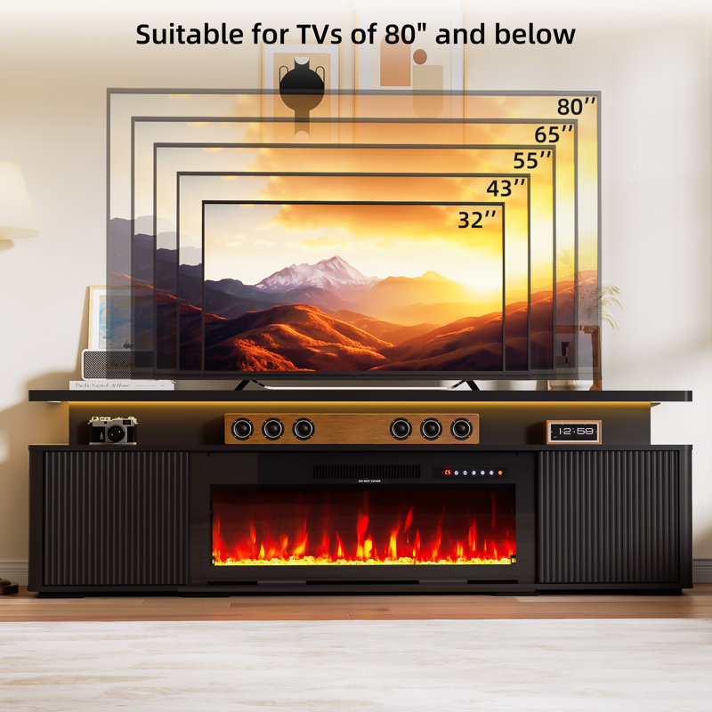 70" Fireplace Tv Stand, Led Light Entertainment Center With 36" Electric Fireplace, Dual-layer Tv Console With Storage Cabinet, Media Console Table For Tvs Up To 80", Ideal For Living Room