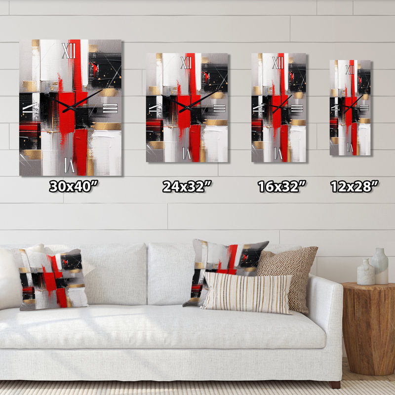 Horloge murale abstraite cubique rouge et or I, Petit