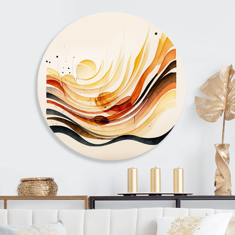 «Burnt Orange Waves Abstract IV - Abstract Minimalisme», art mural rond sur métal, L 16 po x H 16 po
