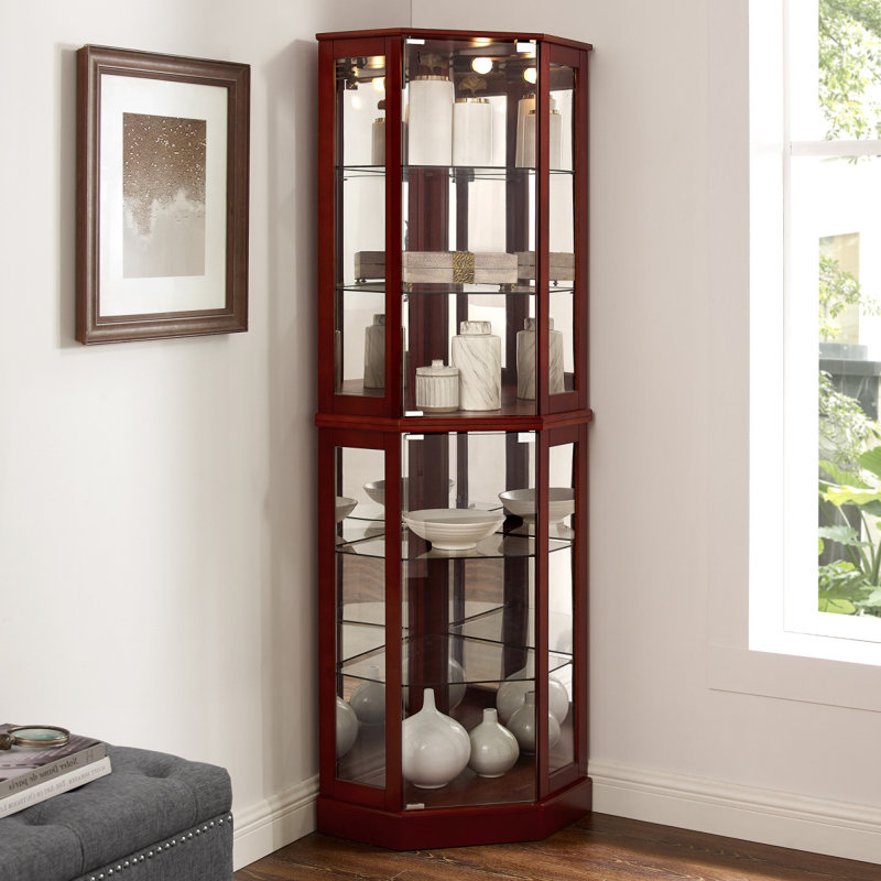 Vitrine de coin à 6 tablettes avec lumières, miroirs et tablettes réglables (ampoule E26 non incluse), Cerisier