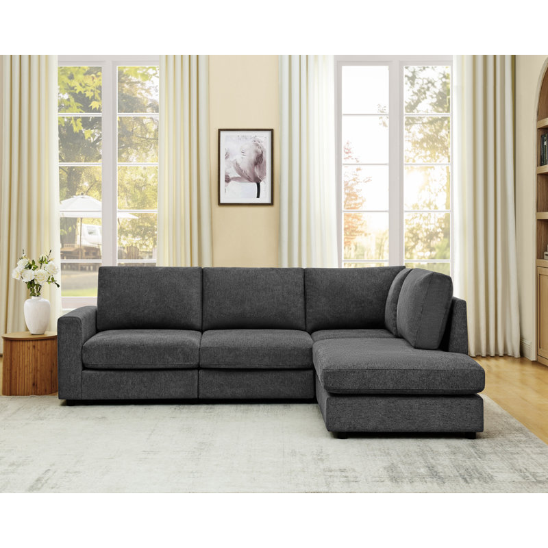 Canapé en L 100 po rembourré en chenille 100 po, Noir, noir, noir, noir