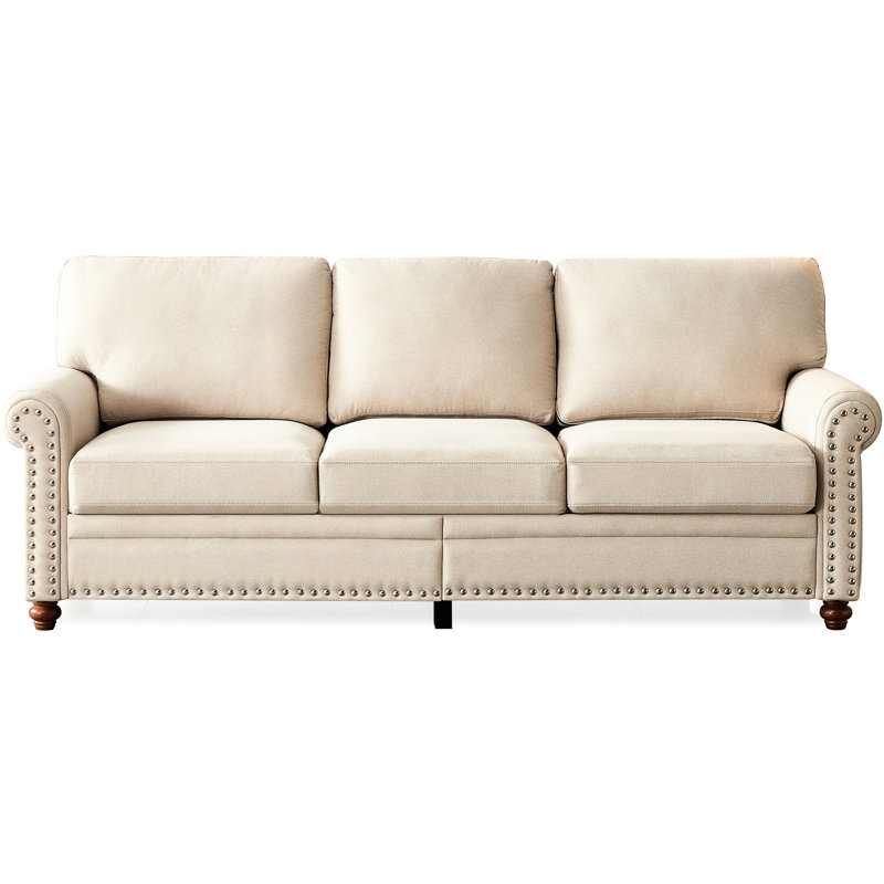 Rangement confortable en lin beige: pieds en bois massif, structure en métal, coussin épais de 7 pouces pour un confort accru, revêtu de lin, avec rangement spacieux: coussins, assemblage facile