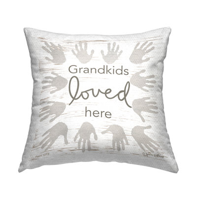 Grandkids Loved Here Rustic Family Handprints Outdoor Printed Pillow by Annie LaPoint