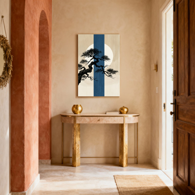 Ensemble de 1 tableau sur toile tendue représentant un pin japonais et la lune, H 36 po x l 24 po