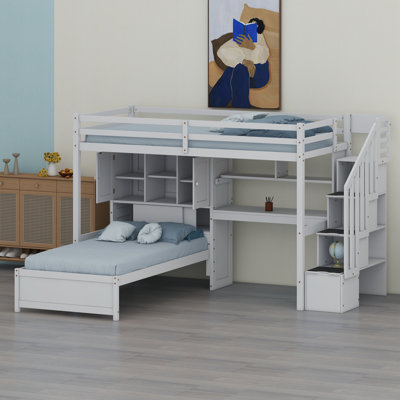 Lit mezzanine peu encombrant avec bureau d'étude intégré, escalier de rangement et tablettes ouvertes pour les chambres modernes