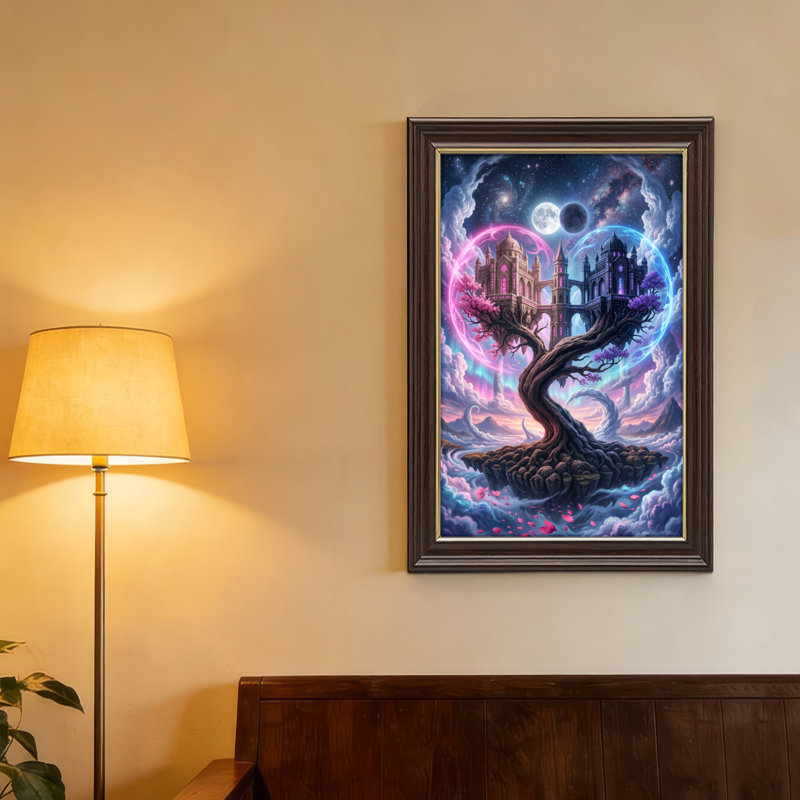 Art mural antique sur toile encadré doré pour le salon, la chambre à coucher, le bureau ou le vestibule - Décoration murale décorative avec arbre fantastique