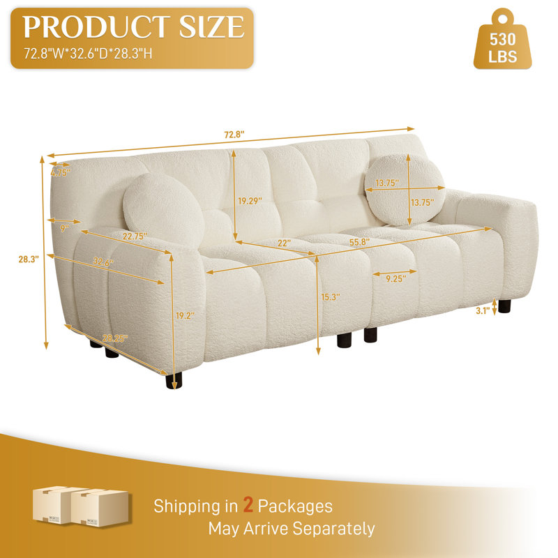 73'' Tufted Sofa Couch Plush Loveseat Sofa, White