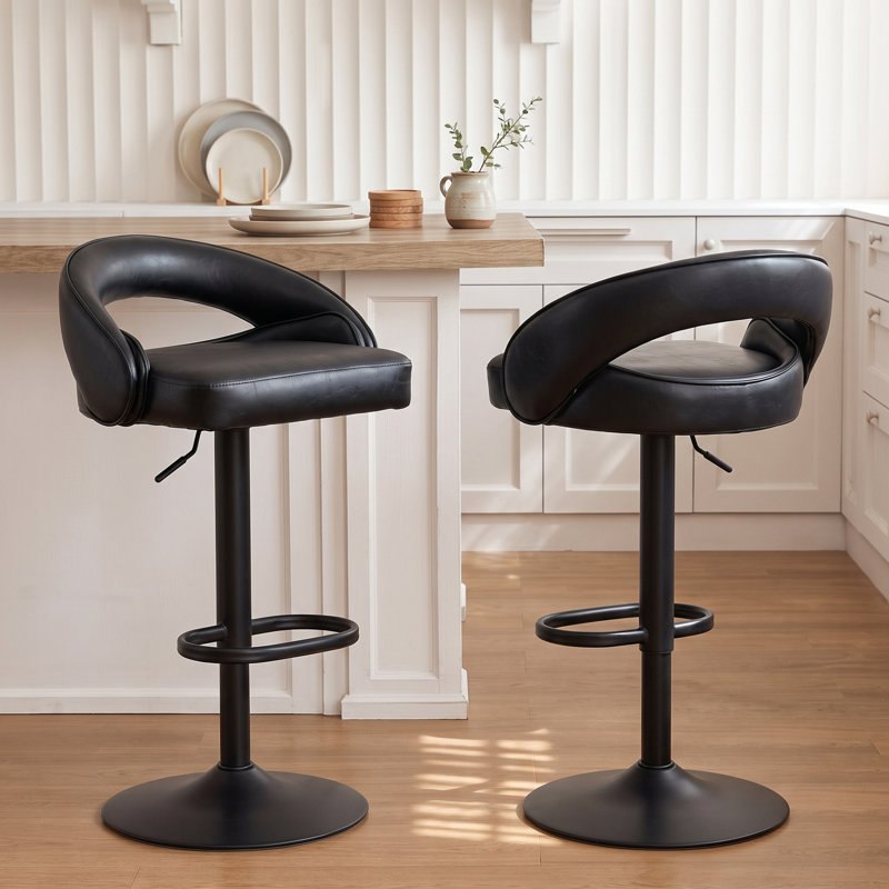 Ensemble de 2 tabourets de bar à hauteur réglable, tabourets de comptoir pivotants en similicuir, tabourets de bar de cuisine rembourrés avec dossier ajouré incurvé, tabourets de pub modernes, noirs