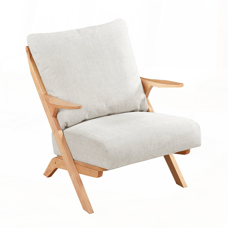 Chaise d'appoint Mid-Century moderne avec structure en bois d'hévéa massif pour le salon, Beige, Naturel