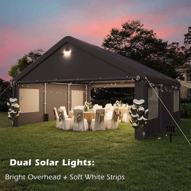 20 X 20 Ft Heavy Duty Durable Carport, Galvanized Steel Frame & Waterproof 3-layer Pe Cover, Dark Gray