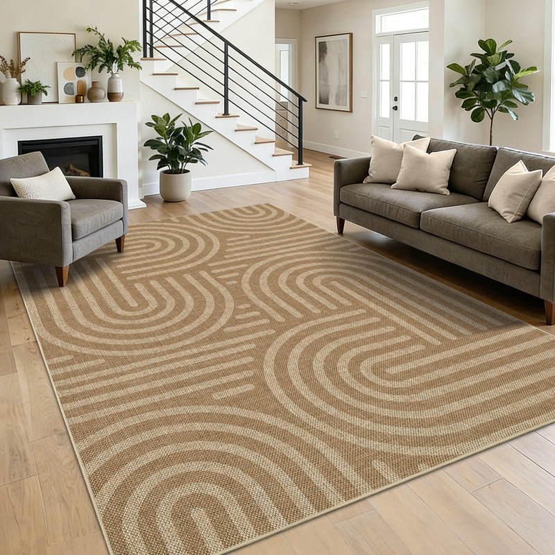 Large Striped Easy Jute Rug 10x13 Modern Geometric Floor Cover, Non-Slip Neutral Indoor Outdoor Living Room Carpet, Non-Shedding Accent Carpet