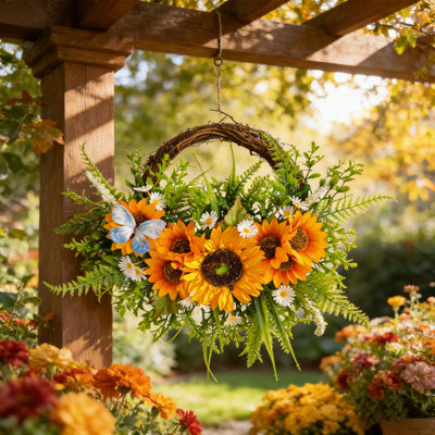 1 couronne décorative de tournesol d'automne de 17,73 * 15,76 pouces avec des papillons artificiels, des marguerites et des fougères, convient aux vacances à la maison, aux mariages, aux fêtes, au manteau de cheminée, aux portes et aux fenêtres, à la décoration murale