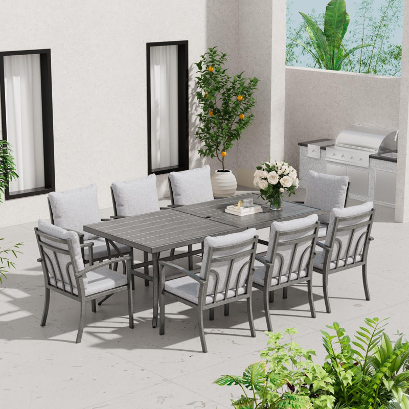Ensemble repas de patio en aluminium 9 pièces HAPPATIO - Ensemble repas en aluminium pour 8 personnes, ensemble de table et chaises de patio