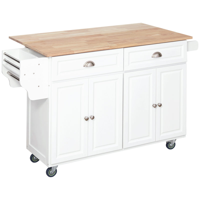 Rolling Kitchen Island On Wheels, Kitchen Cart With Solid Wood Drop Leaf Breakfast Bar, Storage Drawers, 4-Door Cabinets, Spice Rack
