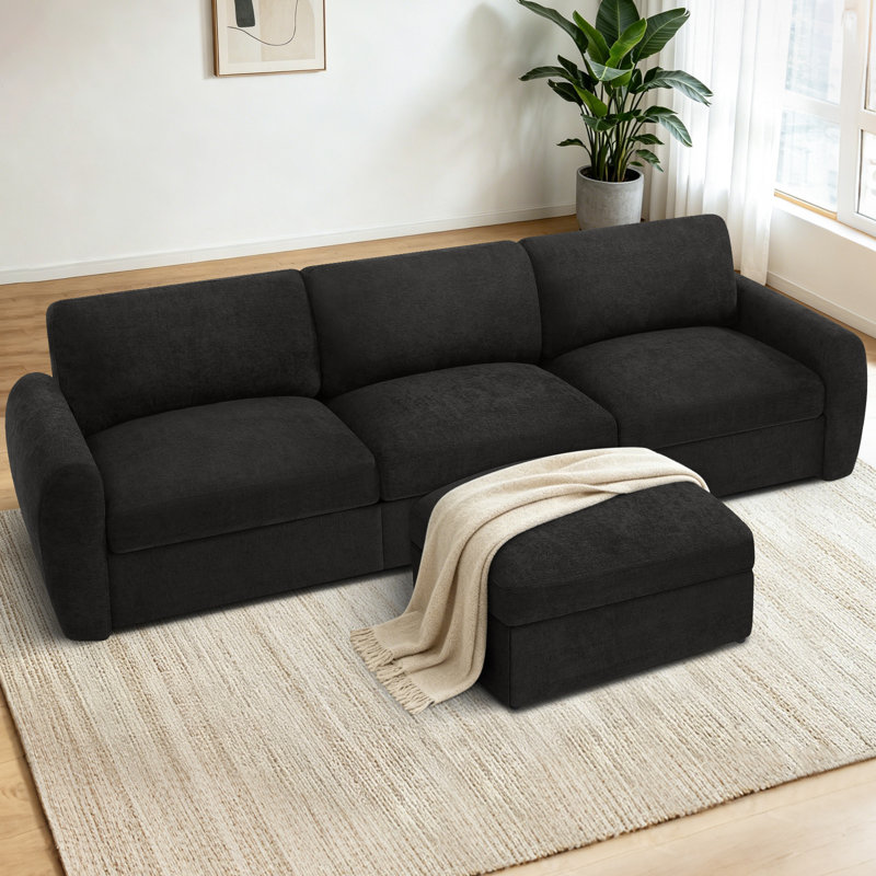 Canapé 118 po avec 3 sièges en chenille et repose-pieds mobile pour salon, Noir