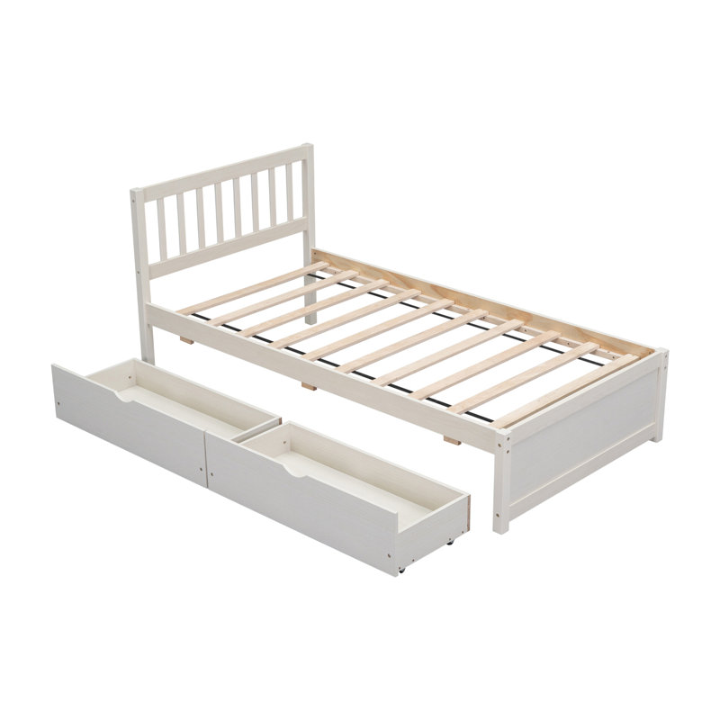 Lit plateforme simple en bois de conception moderne avec 2 tiroirs de couleur blanc délavé