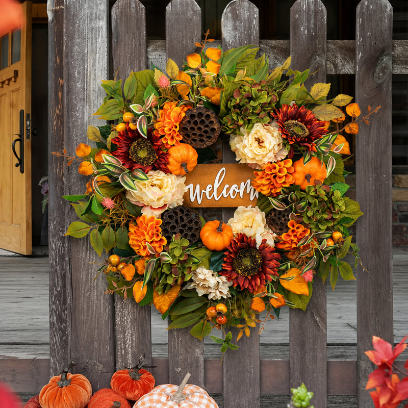 Couronne d'intérieur 24 po avec hortensias et citrouilles