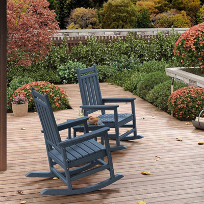 Set of 4 HDPE Outdoor Rocking Adirondack Chairs with 2 Side Tables, Poly High Back, 350 lbs Capacity All-Weather Patio Rockers for Front Porch, Garden