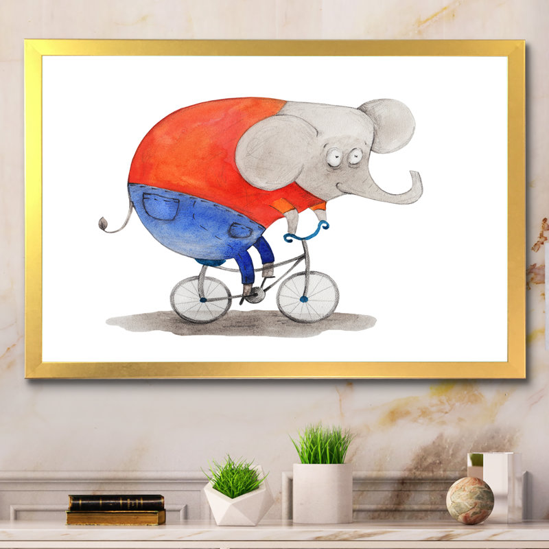 " Cute Elephant On Bycicle I ", 24" H x 36" W x 1" D, Gold Picture Framed