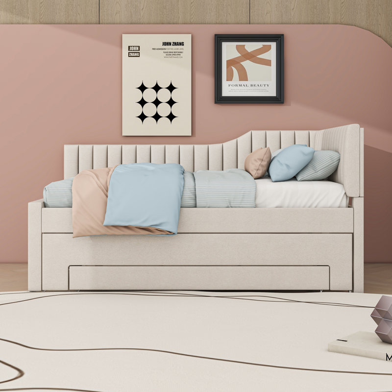 Upholstered Daybed with Trundle and Drawers, Beige, Full/Double